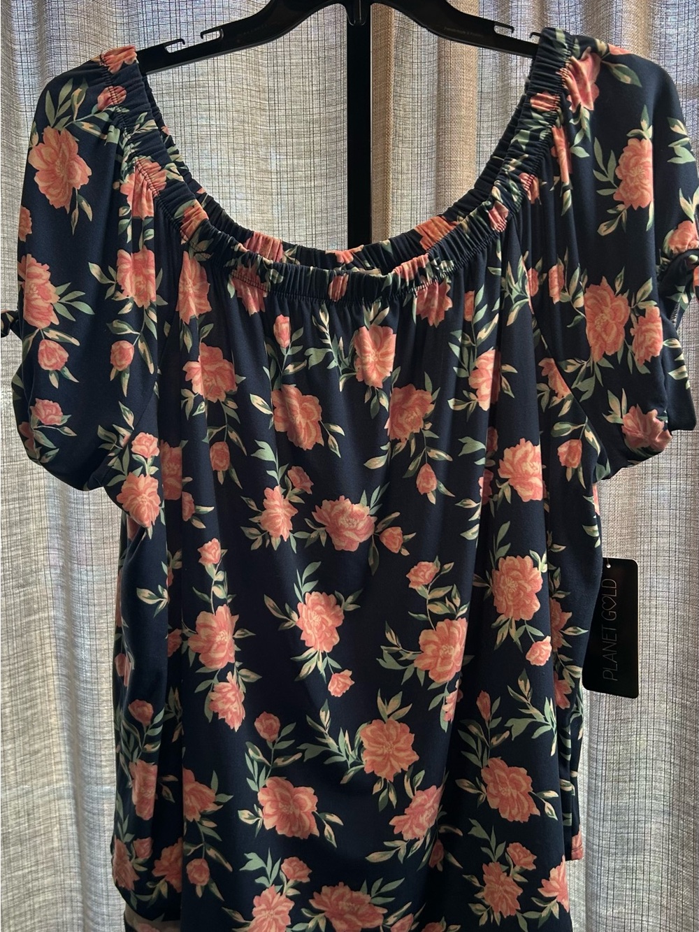 Planet Gold Navy Floral Off-Shoulder Top with Coral Roses